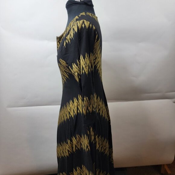 Bel Kazan Black Gold Zip Front Fit & Flare Dress Medium | Bali Made | Boho Mod - Picture 7 of 10